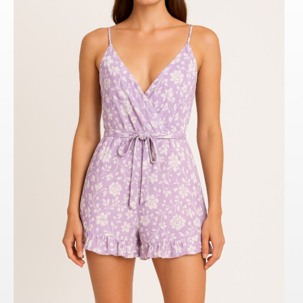 Crystal Doll Lilac and White Floral V Neck Spaghetti Strap Ruffle Hem Romper